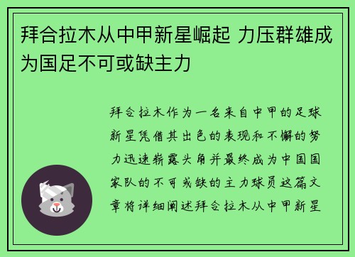 拜合拉木从中甲新星崛起 力压群雄成为国足不可或缺主力