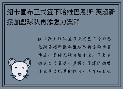 纽卡宣布正式签下哈维巴恩斯 英超新援加盟球队再添强力翼锋